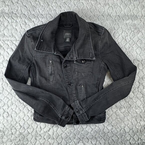 Guess Black Denim Jacket Button-Up Biker Multiple Pockets Womens‎ Size S - Picture 2 of 11
